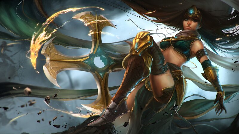 Female Warrior with Axe — Green, Dramatic, Digital Art, Armor, Hair