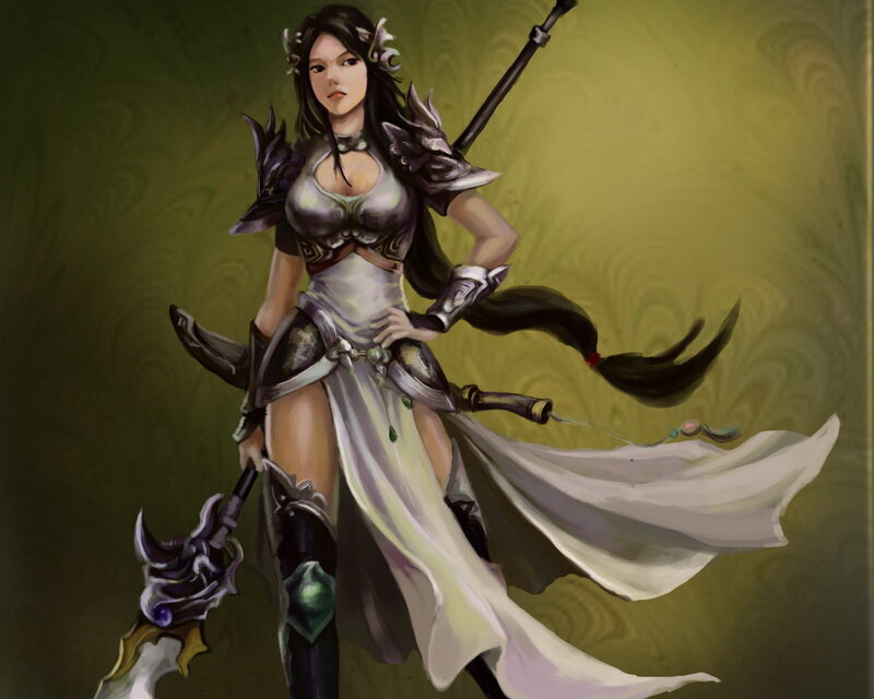 Female Warrior with Axe — Green, Dramatic, Digital Art, Armor