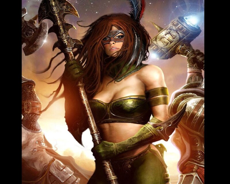 Female Warrior with Axe — Green, Dramatic, Digital Art, Hammer
