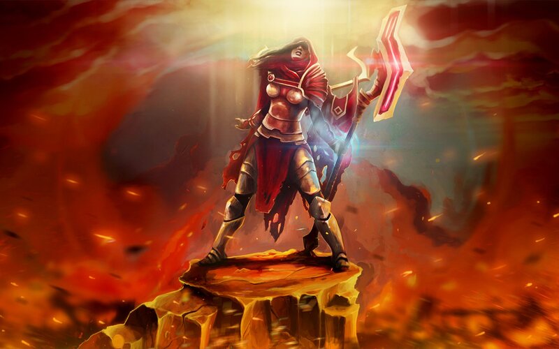 Female Warrior with Axe — Red, Dramatic, Digital Art, Armor