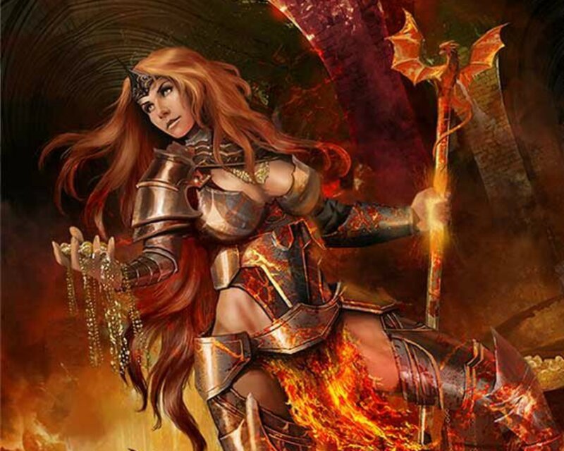 Female Warrior with Axe — Red, Dramatic, Digital Art, Fire
