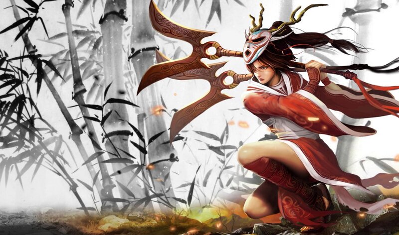 Female Warrior with Axe — Red, Dramatic, Digital Art, Mask