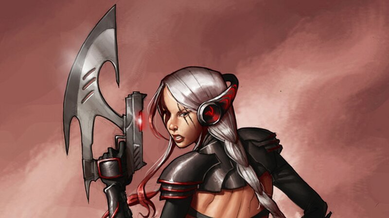 Female Warrior with Axe — Red, Dramatic, Digital Art