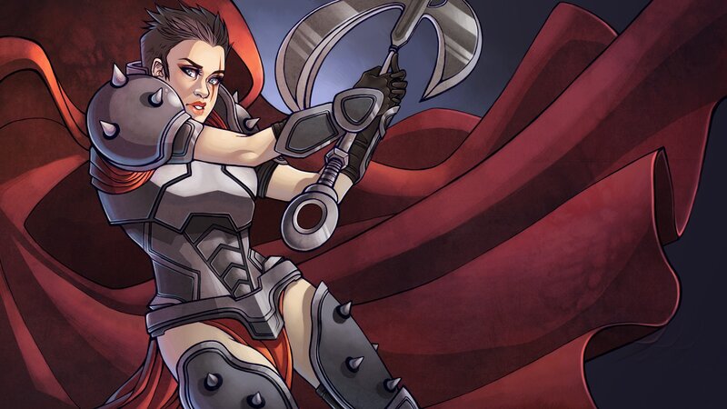 Female Warrior with Axe — Red, Dramatic, Night, Digital Art