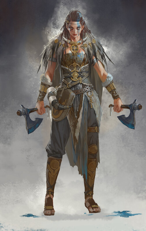 Female Warrior with Axes — Gray