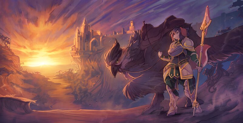 Female Warrior with Bird — Purple, Dramatic, Sunset