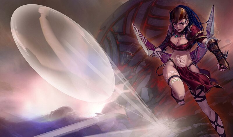 Female Warrior with Blades — Red, Dramatic, Digital Art, Shield, Armor