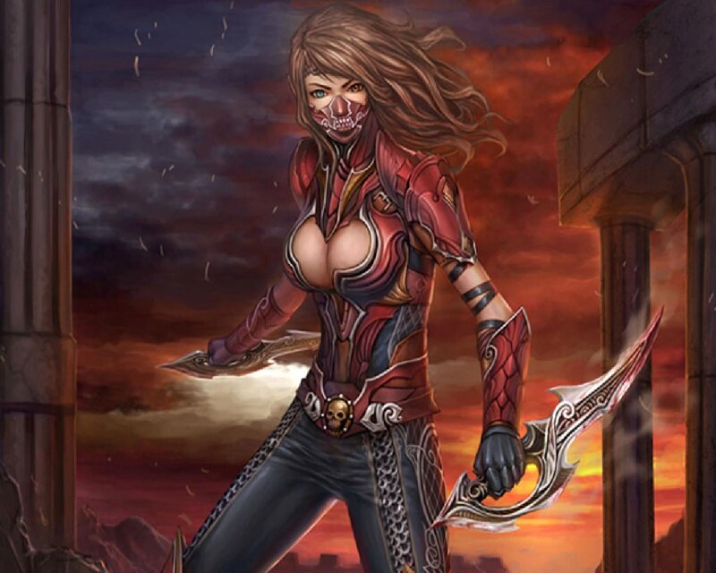 Female Warrior with Blades — Red, Dramatic