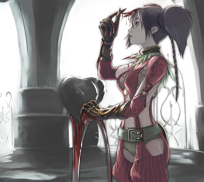 female warrior with bloodied hand