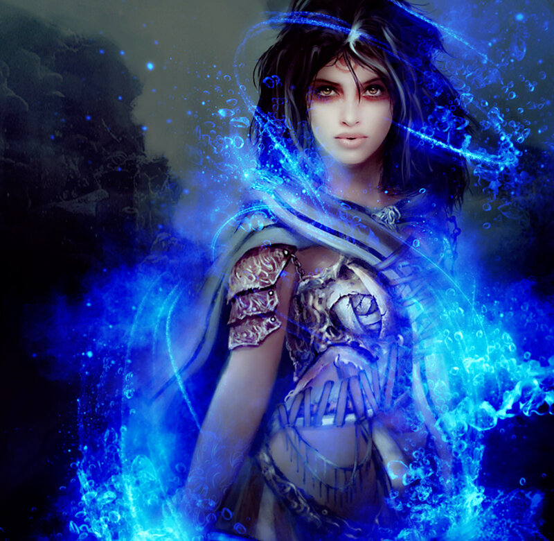 Female Warrior with Blue Energy — Dramatic, Digital Art