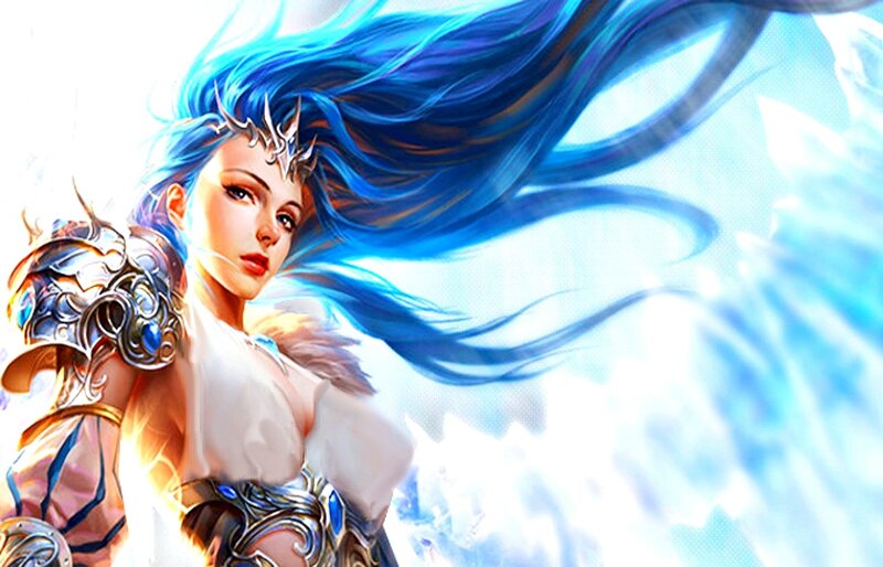 Female Warrior with Blue Hair — Dramatic, Digital Art