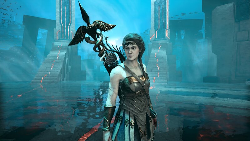 Female Warrior with Bow — Blue, Dramatic, 3d Render, Ancient Ruins