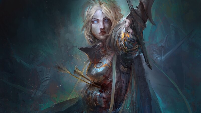 Female Warrior with Bow — Blue, Dramatic, Digital Art, Armor