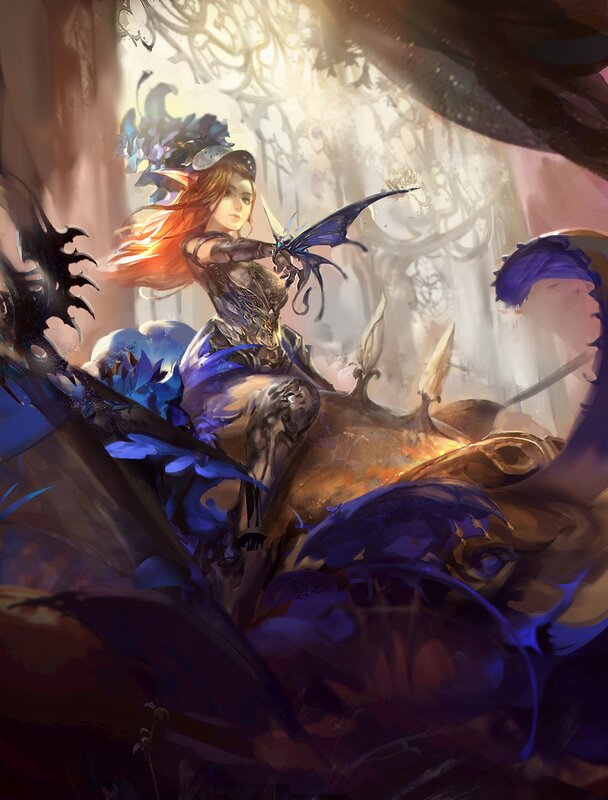 Female Warrior with Bow — Blue, Dramatic, Digital Art, Dragon
