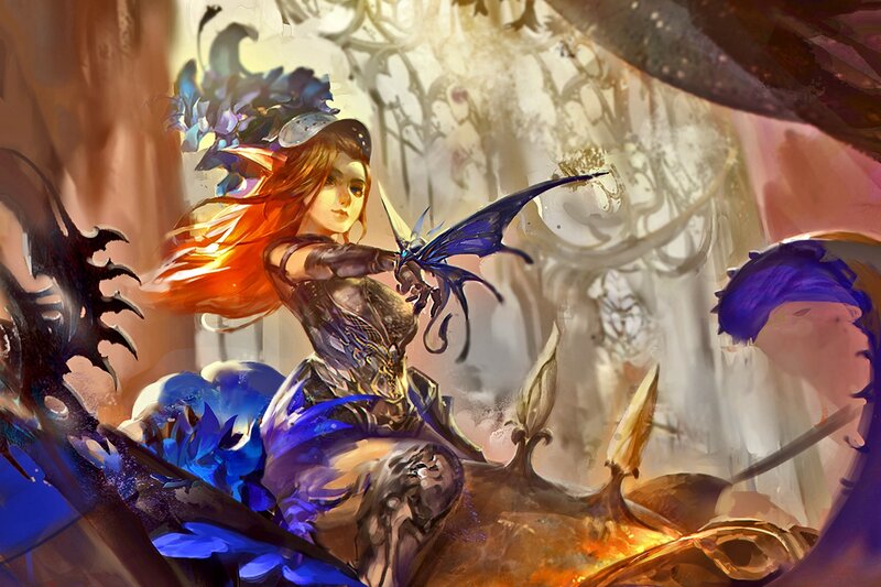 Female Warrior with Bow — Blue, Dramatic, Digital Art, Dragonfly