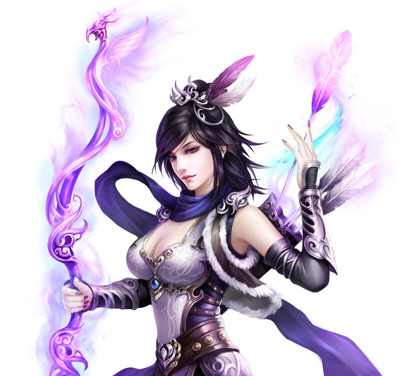 Female Warrior with Bow — Purple, Dramatic, Digital Art, Feathers