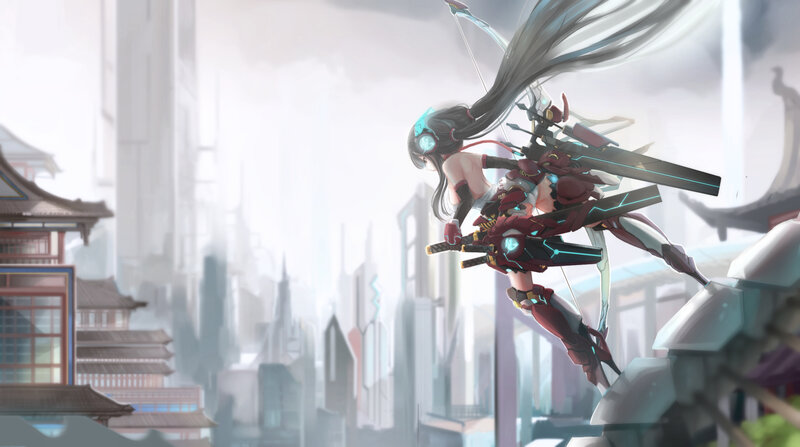 Female Warrior with Bow — Red, Dramatic, Digital Art, Cityscape