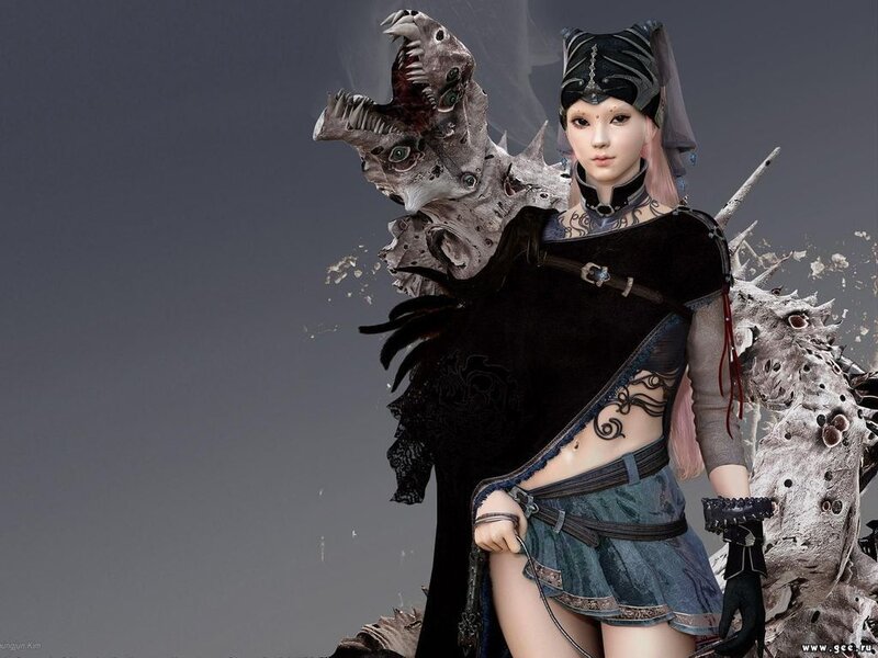 Female Warrior with Creature — Black, Dramatic