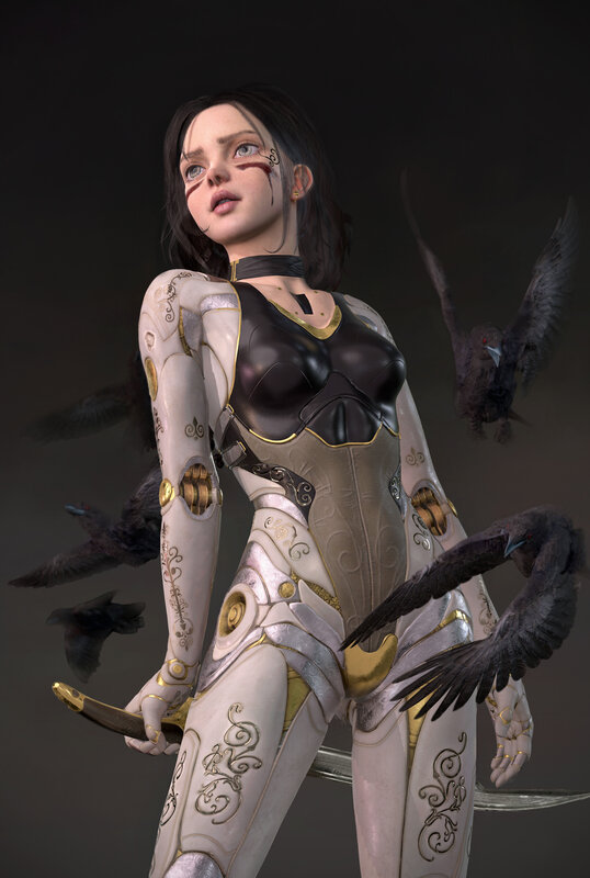 Female Warrior with Crows — White