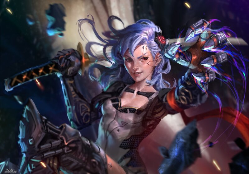 Female Warrior with Cybernetic Arm — Purple