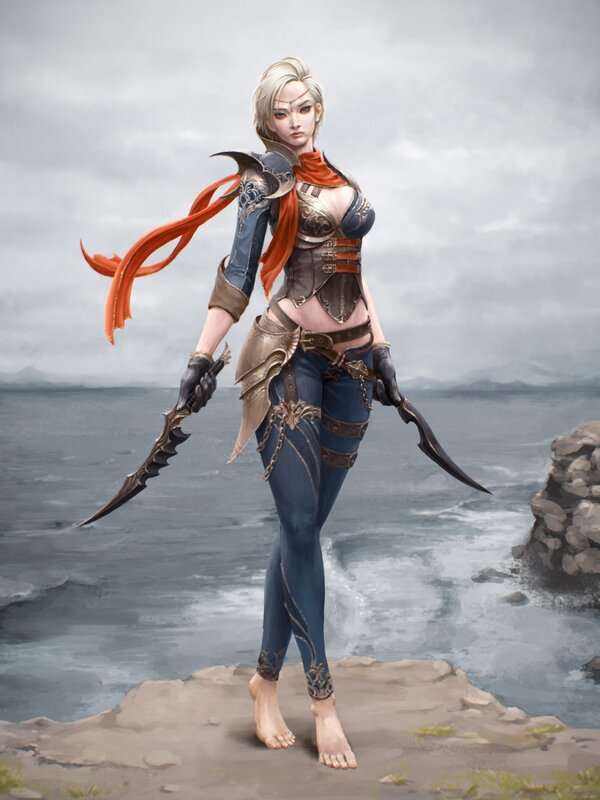 Female Warrior with Daggers — Blue