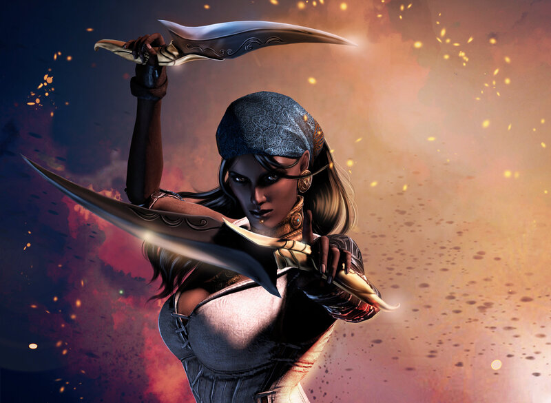 Female Warrior with Daggers — Orange