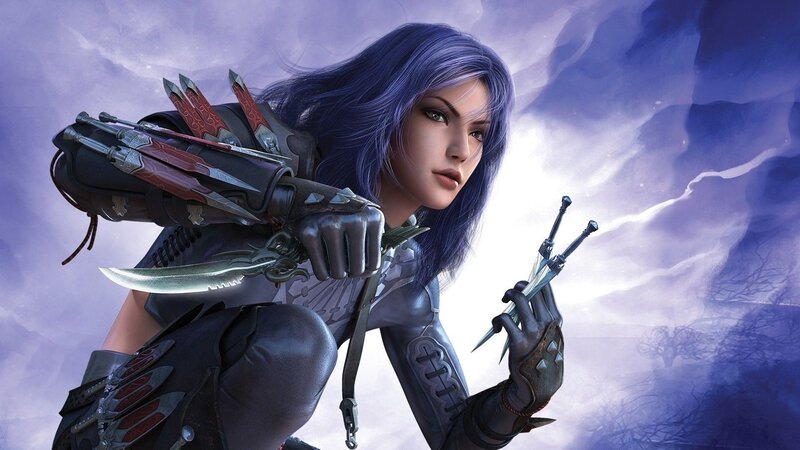 Female Warrior with Daggers — Purple, Dramatic, Digital Art, Armored Gloves