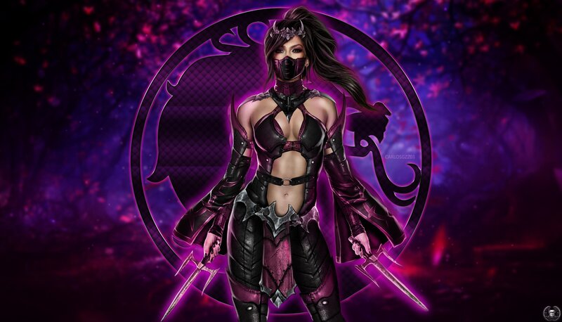 Female Warrior with Daggers — Purple, Dramatic, Night, Digital Art, Mask, Purple Background