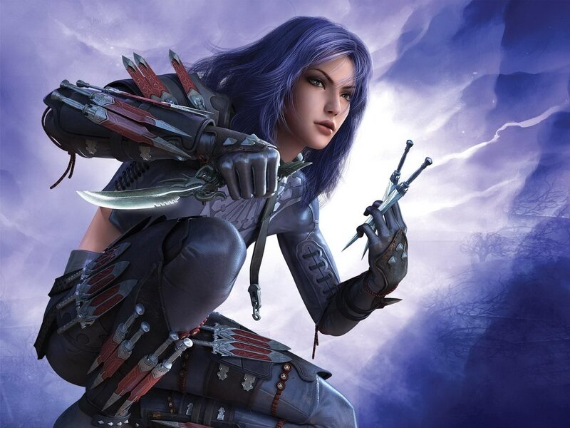 Female Warrior with Daggers — Purple, Dramatic, Night