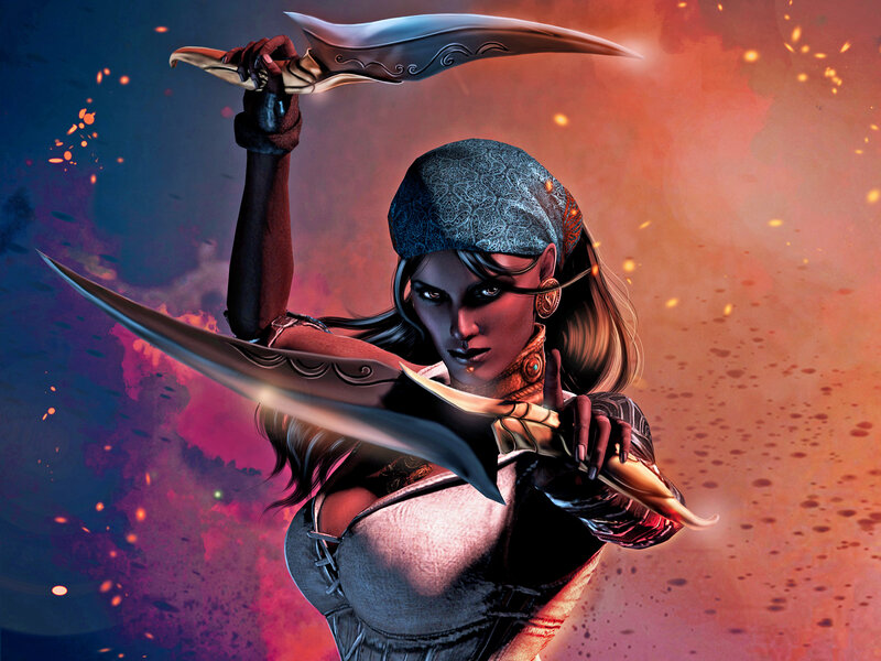 Female Warrior with Daggers — Red, Dramatic, Digital Art