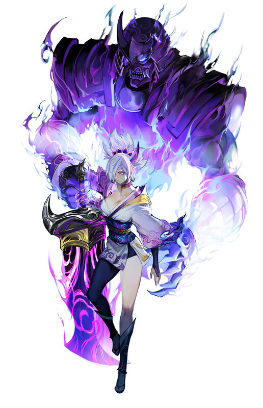Female Warrior with Demon — Purple, Dramatic