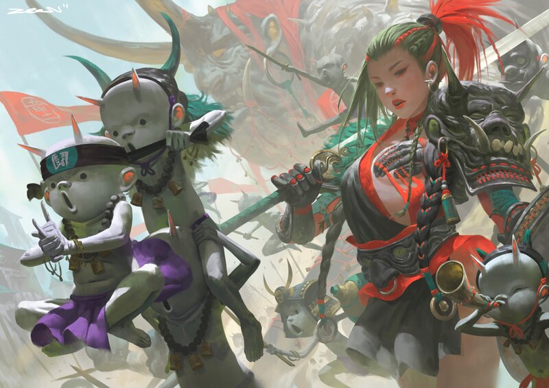 Female Warrior with Demons — Green, Dramatic