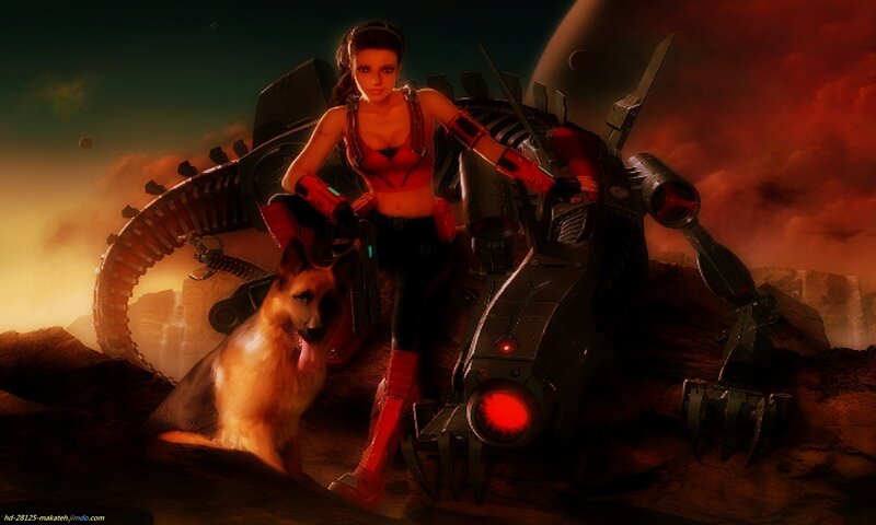female warrior with dog on alien planet