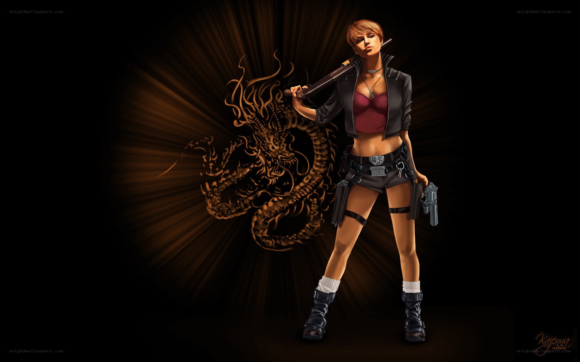 female warrior with dragon