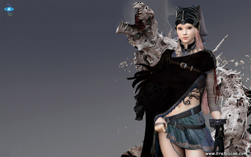 Female Warrior with Dragon — Black, Dramatic, 3d Render