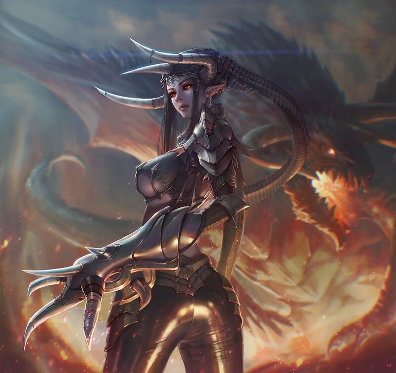 Female Warrior with Dragon — Black, Dramatic, Digital Art, Armor