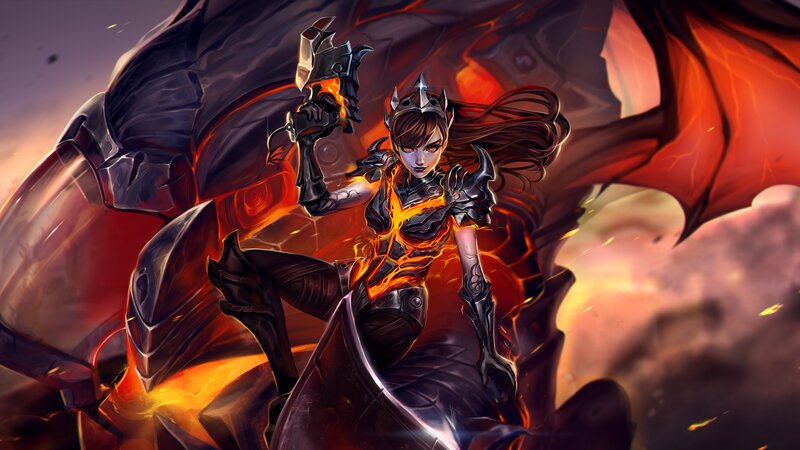 Female Warrior with Dragon — Black, Dramatic, Digital Art, Fire