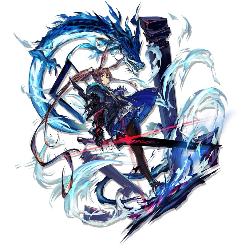 Female Warrior with Dragon — Blue, Dramatic, Digital Art, Sword