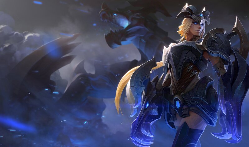 Female Warrior with Dragon — Blue, Dramatic, Night, Digital Art, Armor, Sword