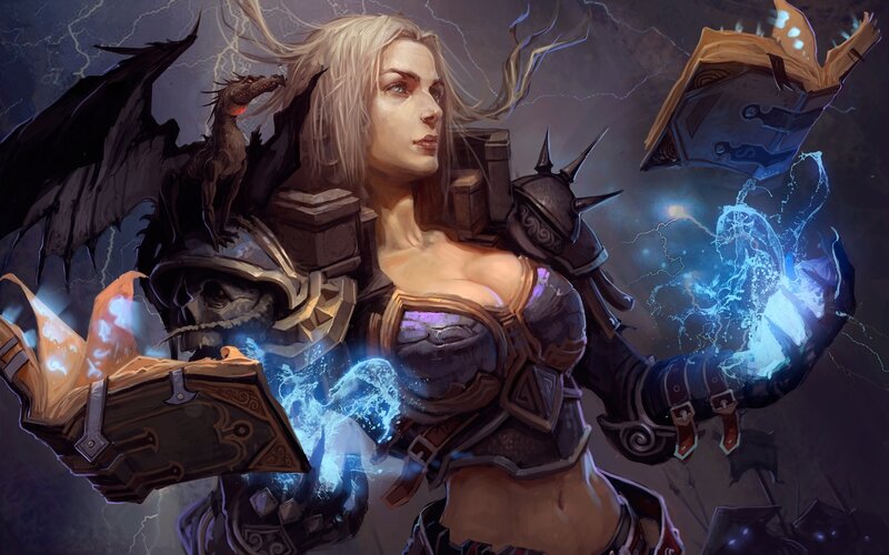 Female Warrior with Dragon — Blue, Dramatic, Night, Digital Art, Book