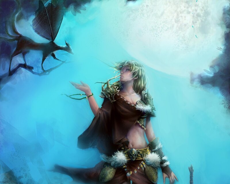 Female Warrior with Dragon — Blue, Dramatic, Night, Digital Art, Moon
