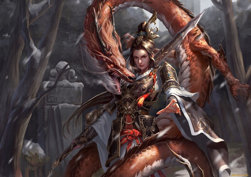 Female Warrior with Dragon — Brown, Dramatic, Winter