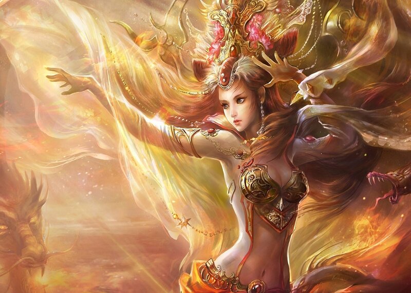 Female Warrior with Dragon — Gold, Dramatic, Digital Art, Fire
