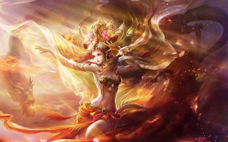 Female Warrior with Dragon — Gold, Dramatic