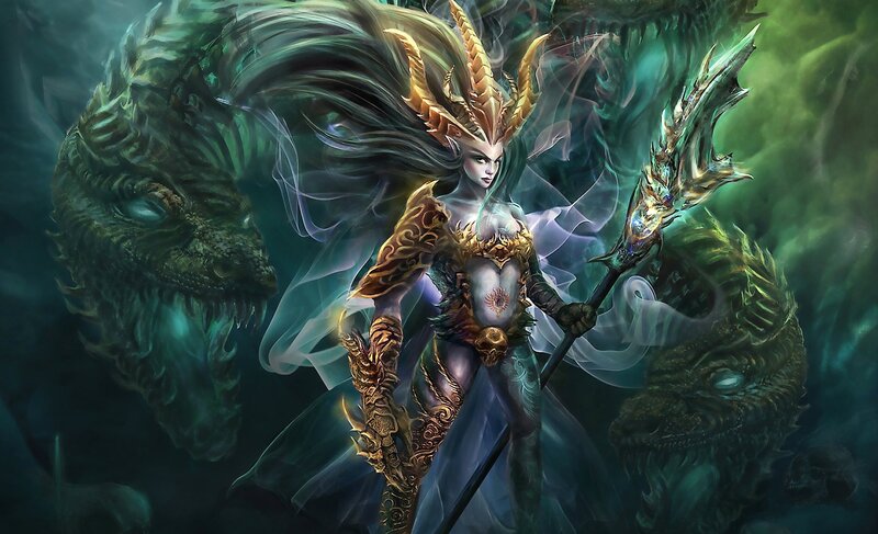 Female Warrior with Dragon — Green, Dramatic, Digital Art, Spear, Armor
