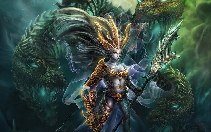Female Warrior with Dragon — Green, Dramatic, Digital Art, Spear