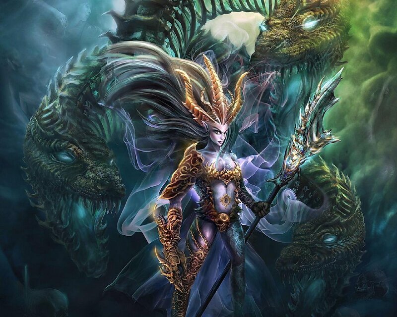 Female Warrior with Dragon — Green, Dramatic, Digital Art, Staff