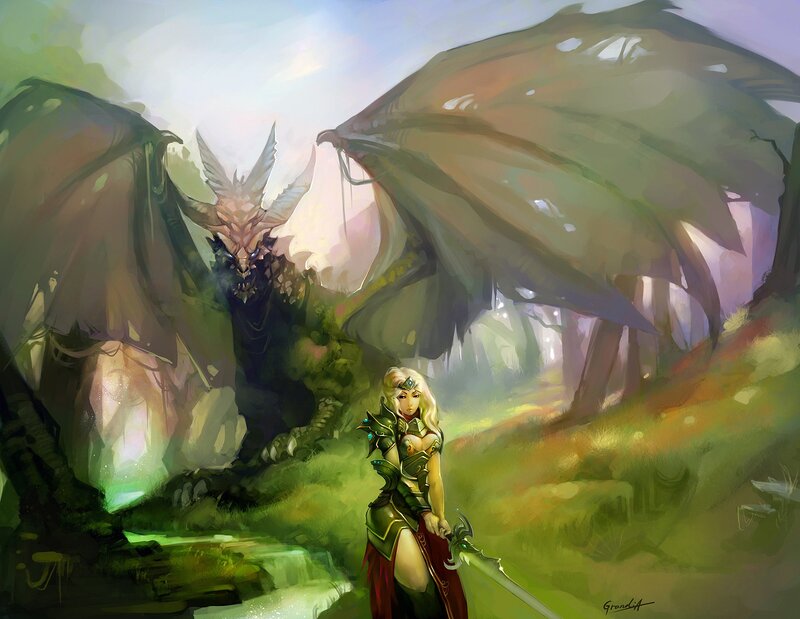 Female Warrior with Dragon — Green, Dramatic, Morning