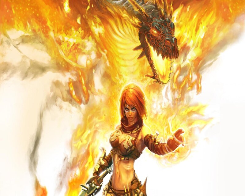 Female Warrior with Dragon — Orange, Dramatic