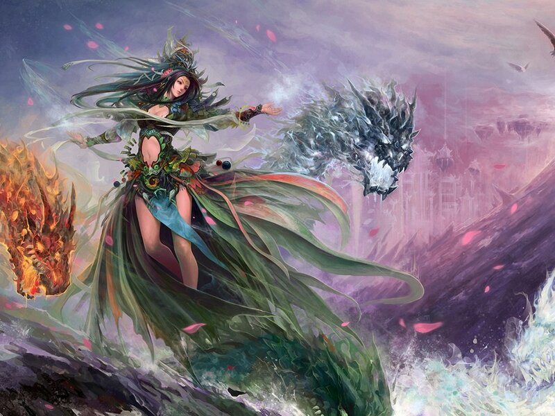 Female Warrior with Dragon — Purple, Dramatic, Digital Art